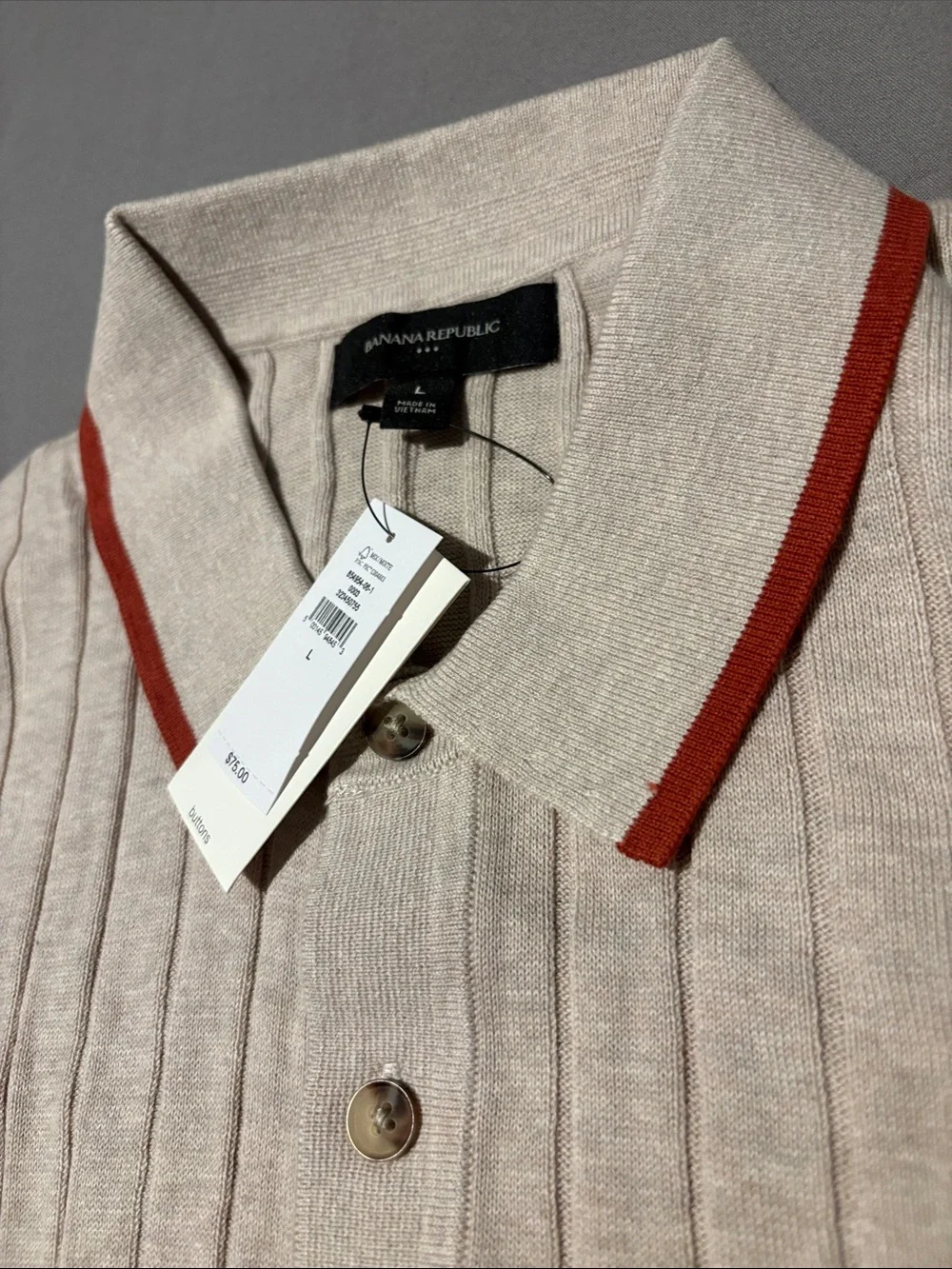 Banana Republic Beige Ribbed Polo Shirt with Red-Trim Collar